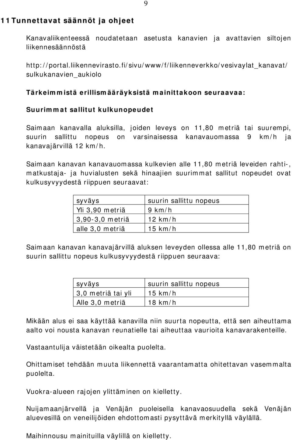 leveys on 11,80 metriä tai suurempi, suurin sallittu nopeus on varsinaisessa kanavauomassa 9 km/h ja kanavajärvillä 12 km/h.