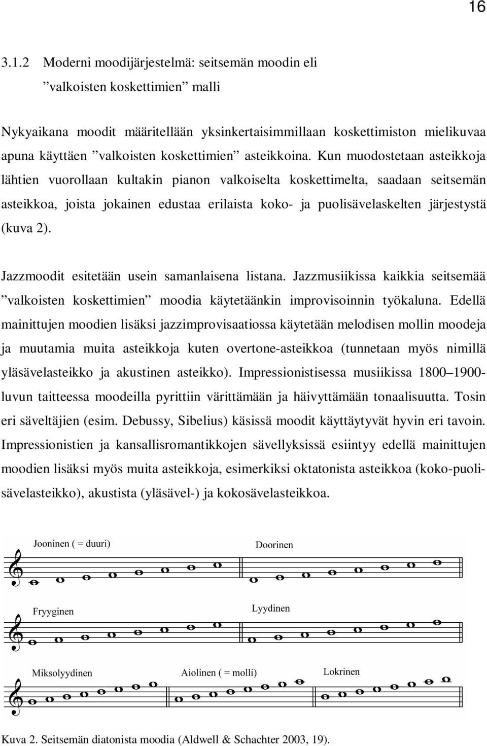 Kun muodostetaan asteikkoja lähtien vuorollaan kultakin pianon valkoiselta koskettimelta, saadaan seitsemän asteikkoa, joista jokainen edustaa erilaista koko- ja puolisävelaskelten järjestystä (kuva