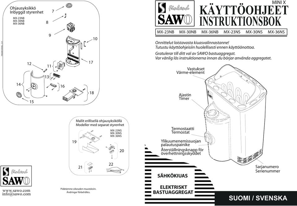 Vastukset Värme-element MINI X KÄYTTÖOHJEET INSTRUKTIONSBOK MX-NB MX-0NB MX-NB MX-NS MX-0NS MX-NS 14 15 1 18 Ajastin Timer 19 Mallit erillisellä ohjausyksiköllä Modeller med separat styrenhet