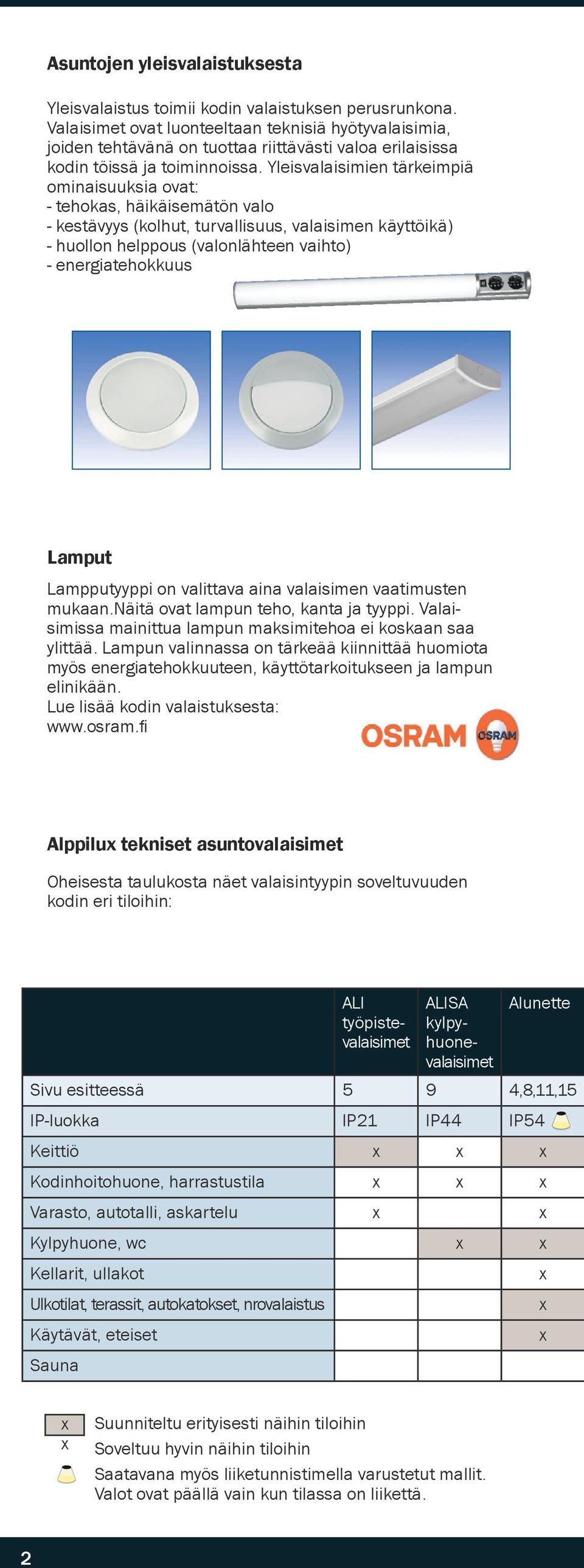 Yleisvalaisimien tärkeimpiä ominaisuuksia ovat: - tehokas, häikäisemätön valo - kestävyys (kolhut, turvallisuus, valaisimen käyttöikä) - huollon helppous (valonlähteen vaihto) - energiatehokkuus