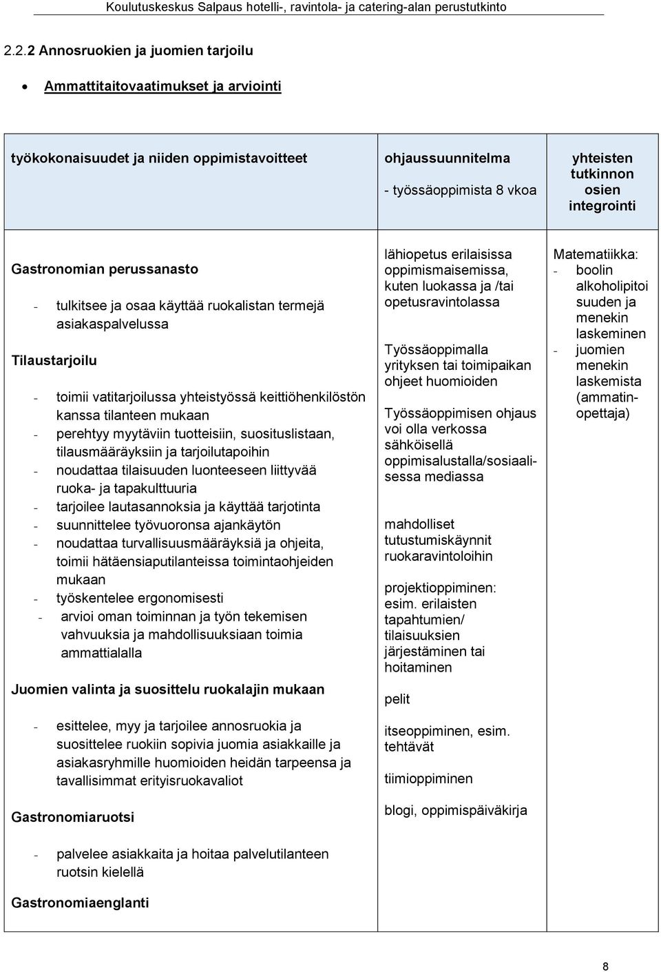 - perehtyy myytäviin tuotteisiin, suosituslistaan, tilausmääräyksiin ja tarjoilutapoihin - noudattaa tilaisuuden luonteeseen liittyvää ruoka- ja tapakulttuuria - tarjoilee lautasannoksia ja käyttää