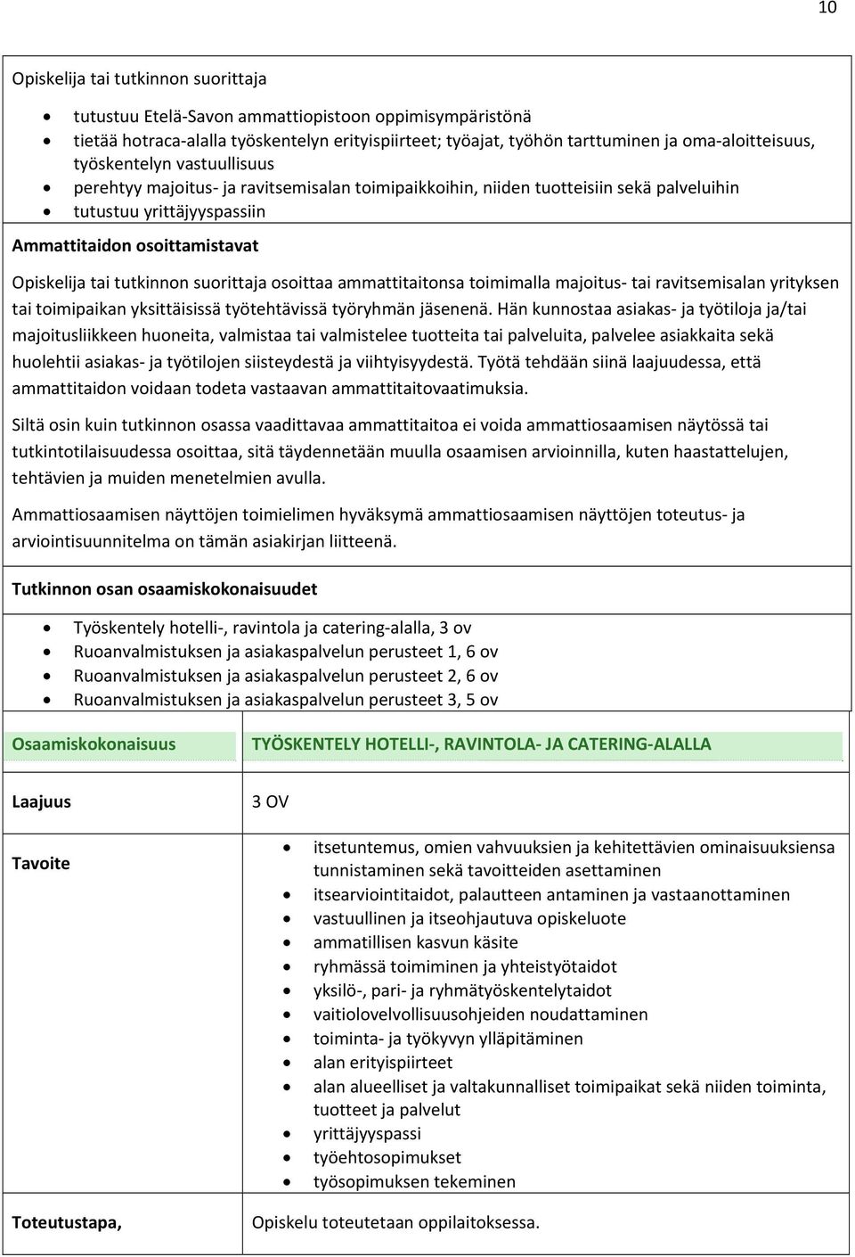 suorittaja osoittaa ammattitaitonsa toimimalla majoitus tai ravitsemisalan yrityksen tai toimipaikan yksittäisissä työtehtävissä työryhmän jäsenenä.