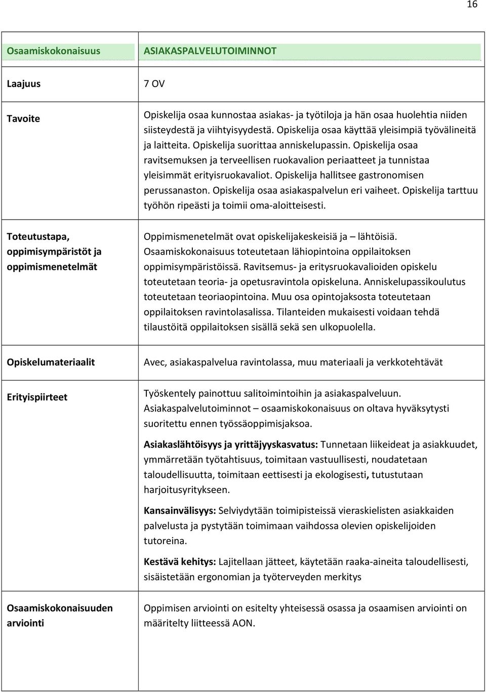 Opiskelija osaa ravitsemuksen ja terveellisen ruokavalion periaatteet ja tunnistaa yleisimmät erityisruokavaliot. Opiskelija hallitsee gastronomisen perussanaston.