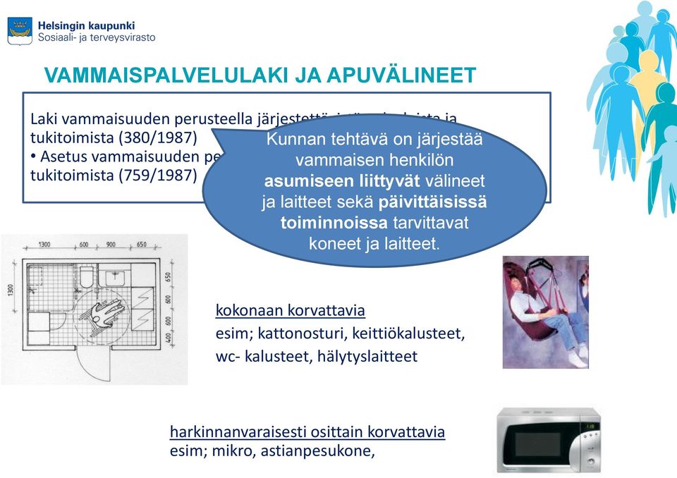 asumiseen liittyvät välineet ja laitteet sekä päivittäisissä toiminnoissa tarvittavat koneet ja laitteet.