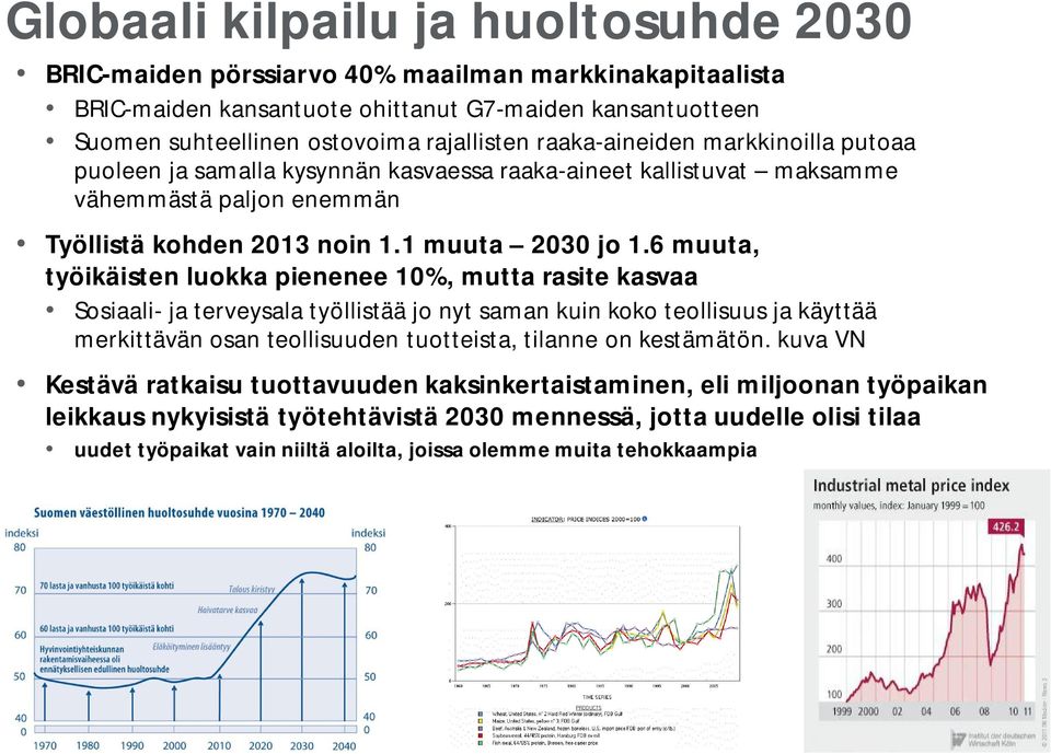 6 muuta, työikäisten luokka pienenee 10%, mutta rasite kasvaa Sosiaali- ja terveysala työllistää jo nyt saman kuin koko teollisuus ja käyttää merkittävän osan teollisuuden tuotteista, tilanne on