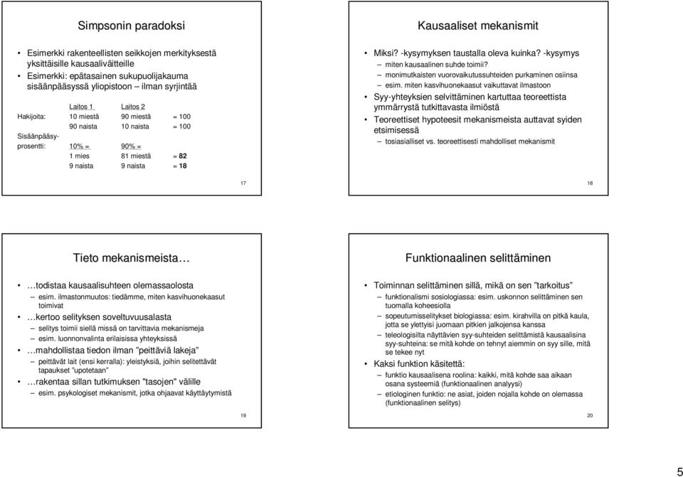 -kysymyksen taustalla oleva kuinka? -kysymys miten kausaalinen suhde toimii? monimutkaisten vuorovaikutussuhteiden purkaminen osiinsa esim.