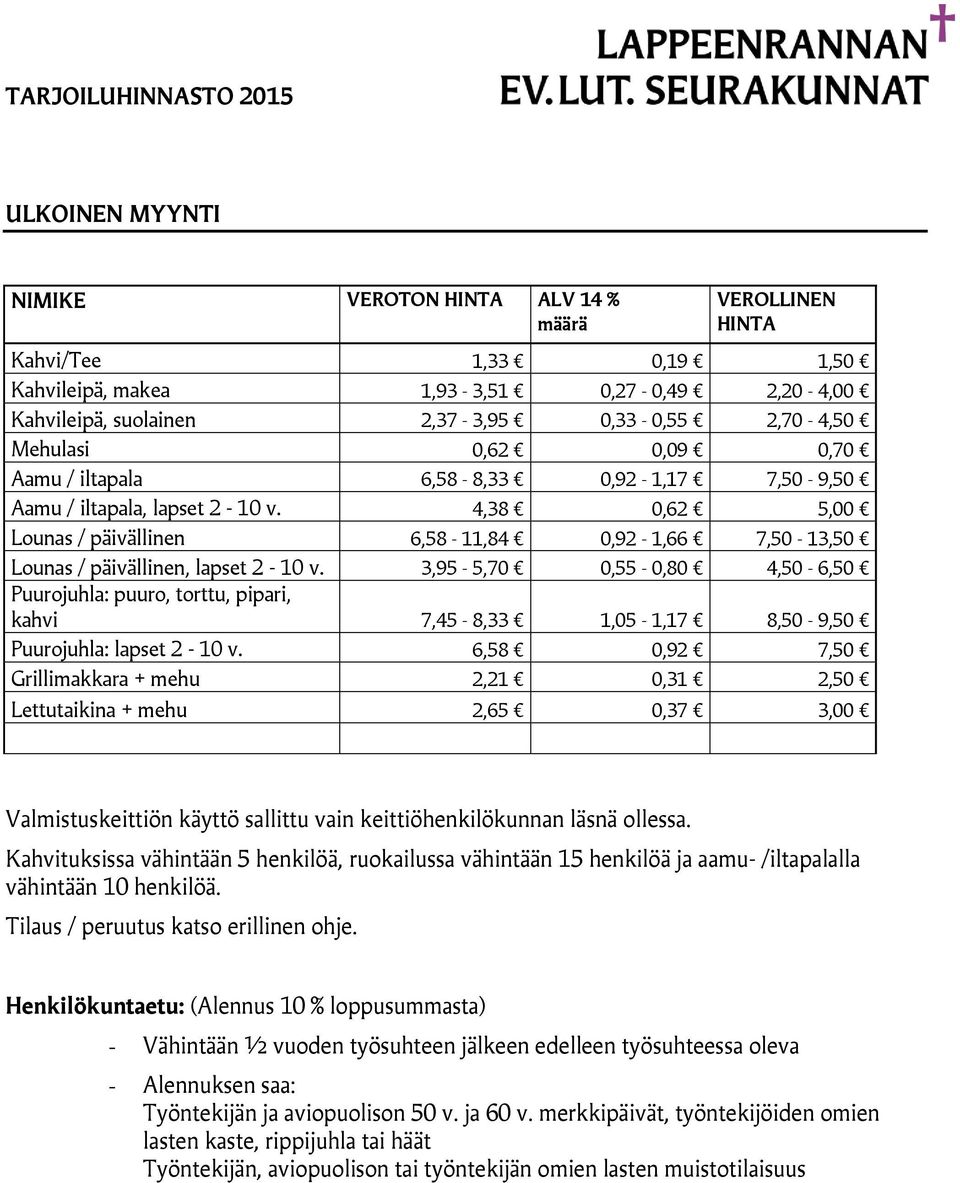 4,38 0,62 5,00 Lounas / päivällinen 6,58-11,84 0,92-1,66 7,50-13,50 Lounas / päivällinen, lapset 2-10 v.