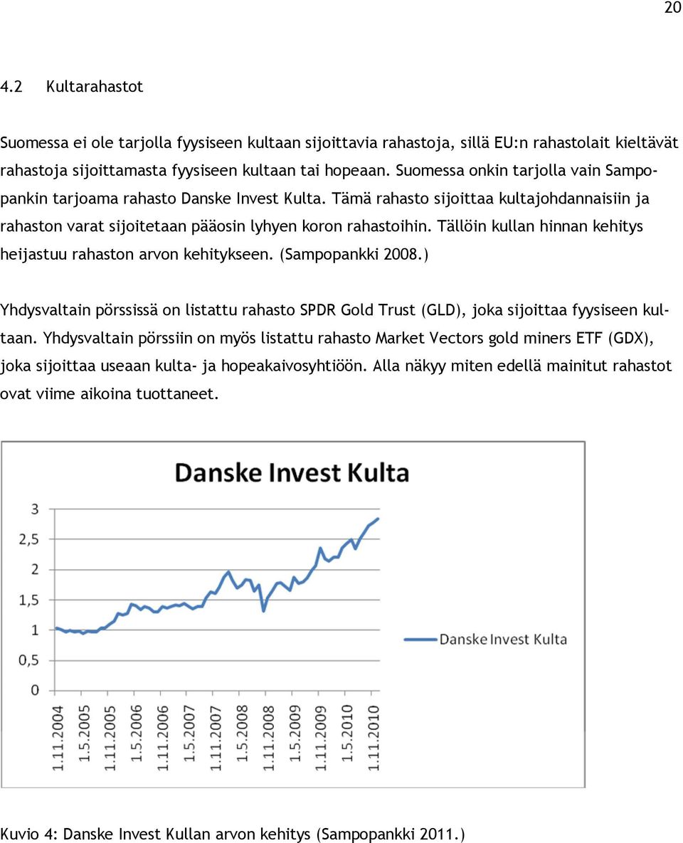 Tällöin kullan hinnan kehitys heijastuu rahaston arvon kehitykseen. (Sampopankki 2008.) Yhdysvaltain pörssissä on listattu rahasto SPDR Gold Trust (GLD), joka sijoittaa fyysiseen kultaan.