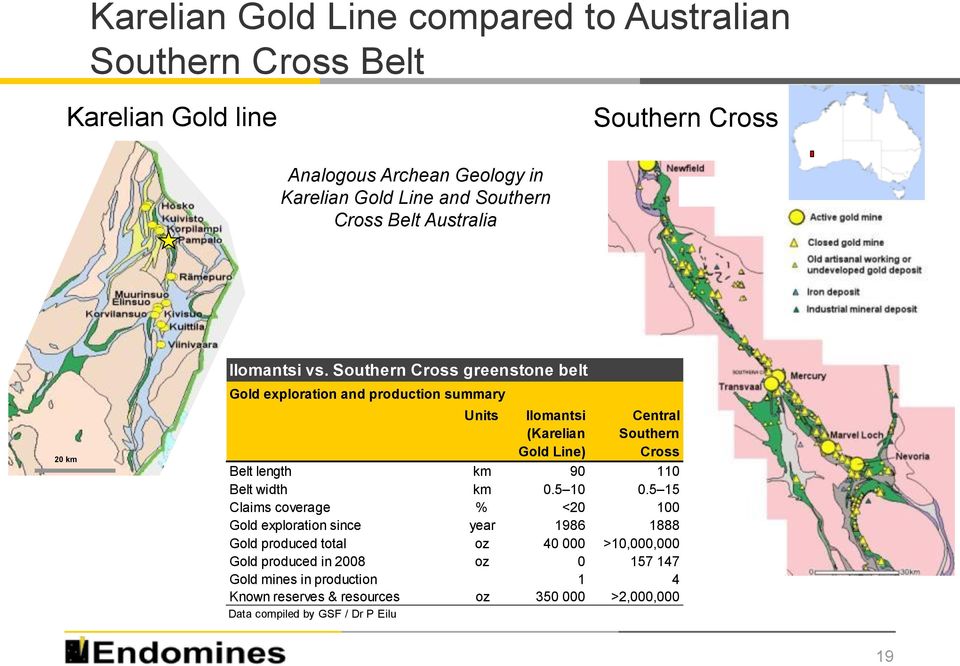 Southern Cross greenstone belt Gold exploration and production summary Units Ilomantsi (Karelian Gold Line) Central Southern Cross Belt length km 90 110 Belt