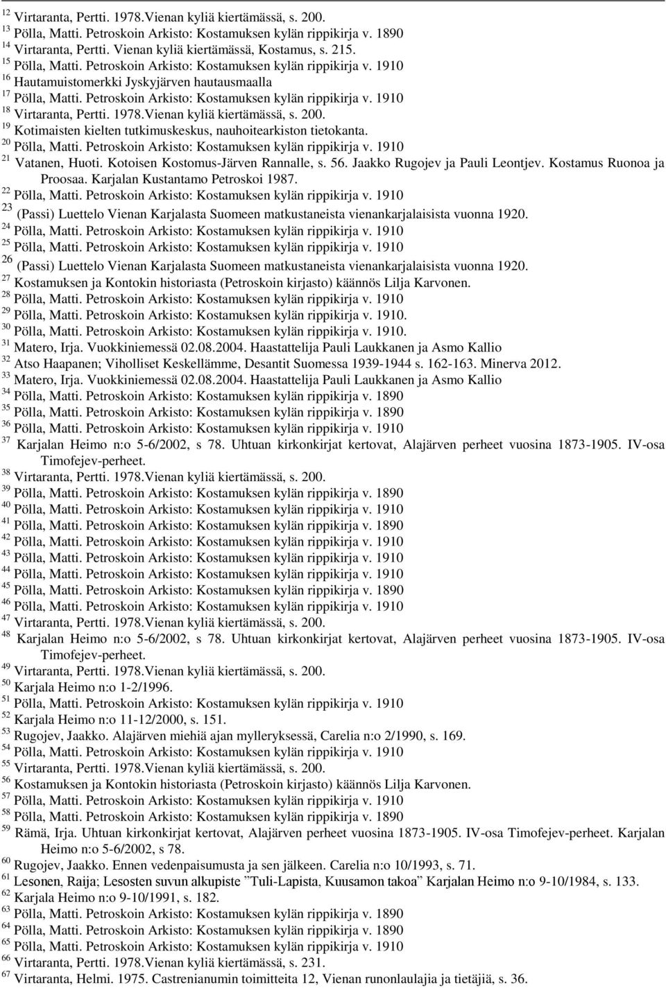 1978.Vienan kyliä kiertämässä, s. 200. 19 Kotimaisten kielten tutkimuskeskus, nauhoitearkiston tietokanta. 20 Pölla, Matti. Petroskoin Arkisto: Kostamuksen kylän rippikirja v. 1910 21 Vatanen, Huoti.