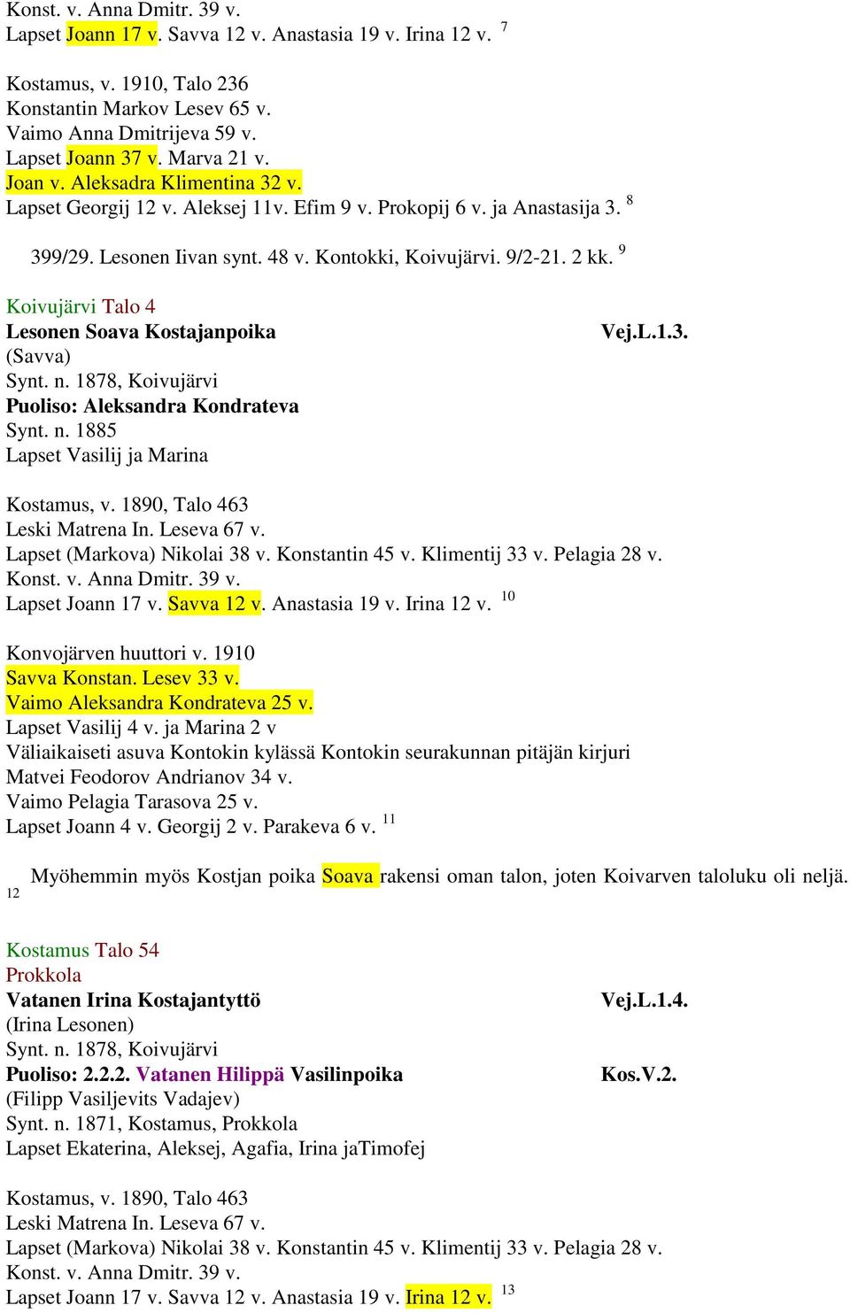 L.1.3. Konst. v. Anna Dmitr. 39 v. Lapset Joann 17 v. Savva 12 v. Anastasia 19 v. Irina 12 v. 10 Konvojärven huuttori v. 1910 Savva Konstan. Lesev 33 v. Vaimo Aleksandra Kondrateva 25 v.