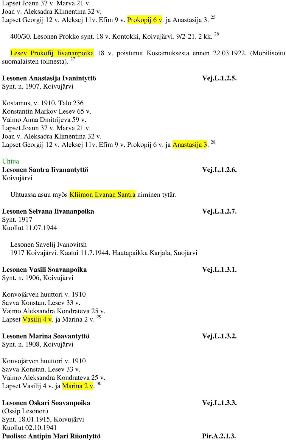 Lapset Joann 37 v. Marva 21 v. Lapset Georgij 12 v. Aleksej 11v. Efim 9 v. Prokopij 6 v. ja Anastasija 3. 28 Uhtua Lesonen Santra Iivanantyttö Koivujärvi Vej.L.1.2.6. Uhtuassa asuu myös Kliimon Iivanan Santra niminen tytär.