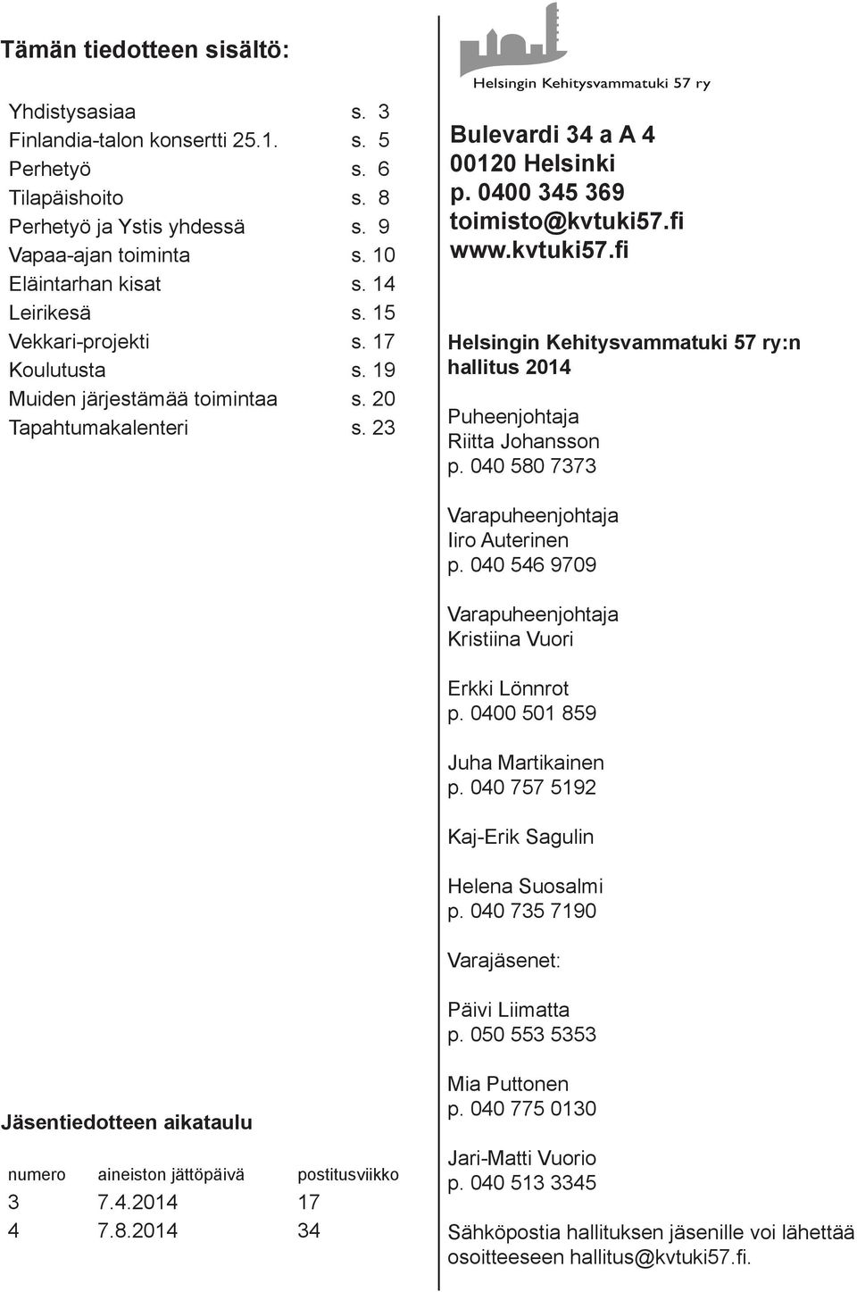 kvtuki57.fi Helsingin Kehitysvammatuki 57 ry:n hallitus 2014 Puheenjohtaja Riitta Johansson p. 040 580 7373 Varapuheenjohtaja Iiro Auterinen p.