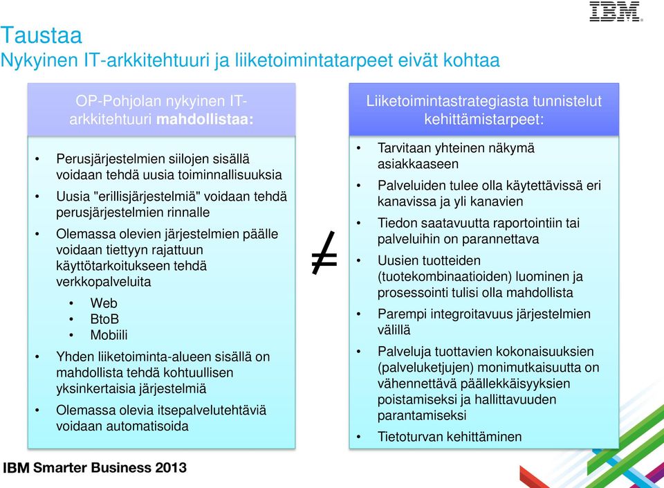 Yhden liiketoiminta-alueen sisällä on mahdollista tehdä kohtuullisen yksinkertaisia järjestelmiä Olemassa olevia itsepalvelutehtäviä voidaan automatisoida = Liiketoimintastrategiasta tunnistelut