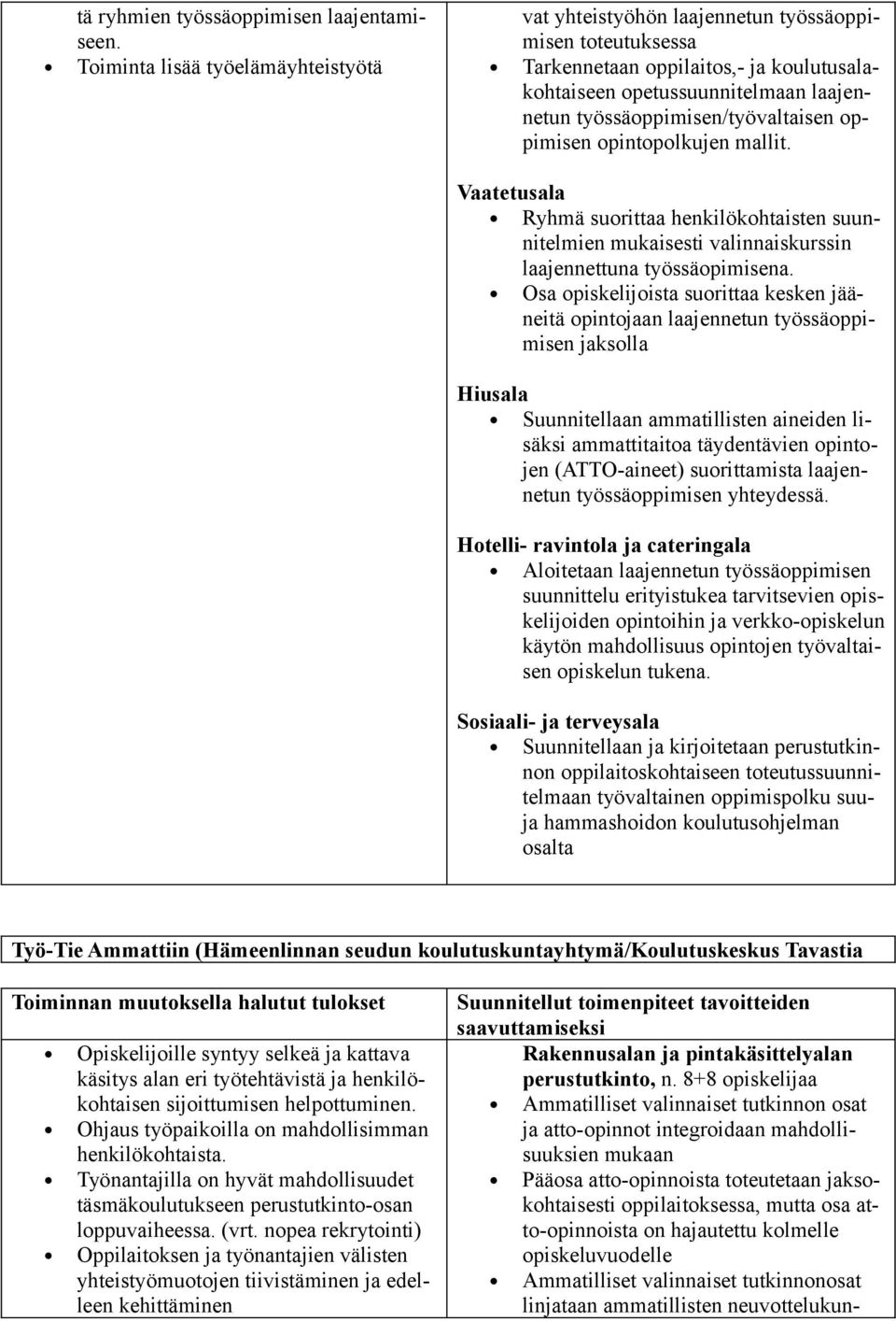 työssäoppimisen/työvaltaisen oppimisen opintopolkujen mallit. Vaatetusala Ryhmä suorittaa henkilökohtaisten suunnitelmien mukaisesti valinnaiskurssin laajennettuna työssäopimisena.