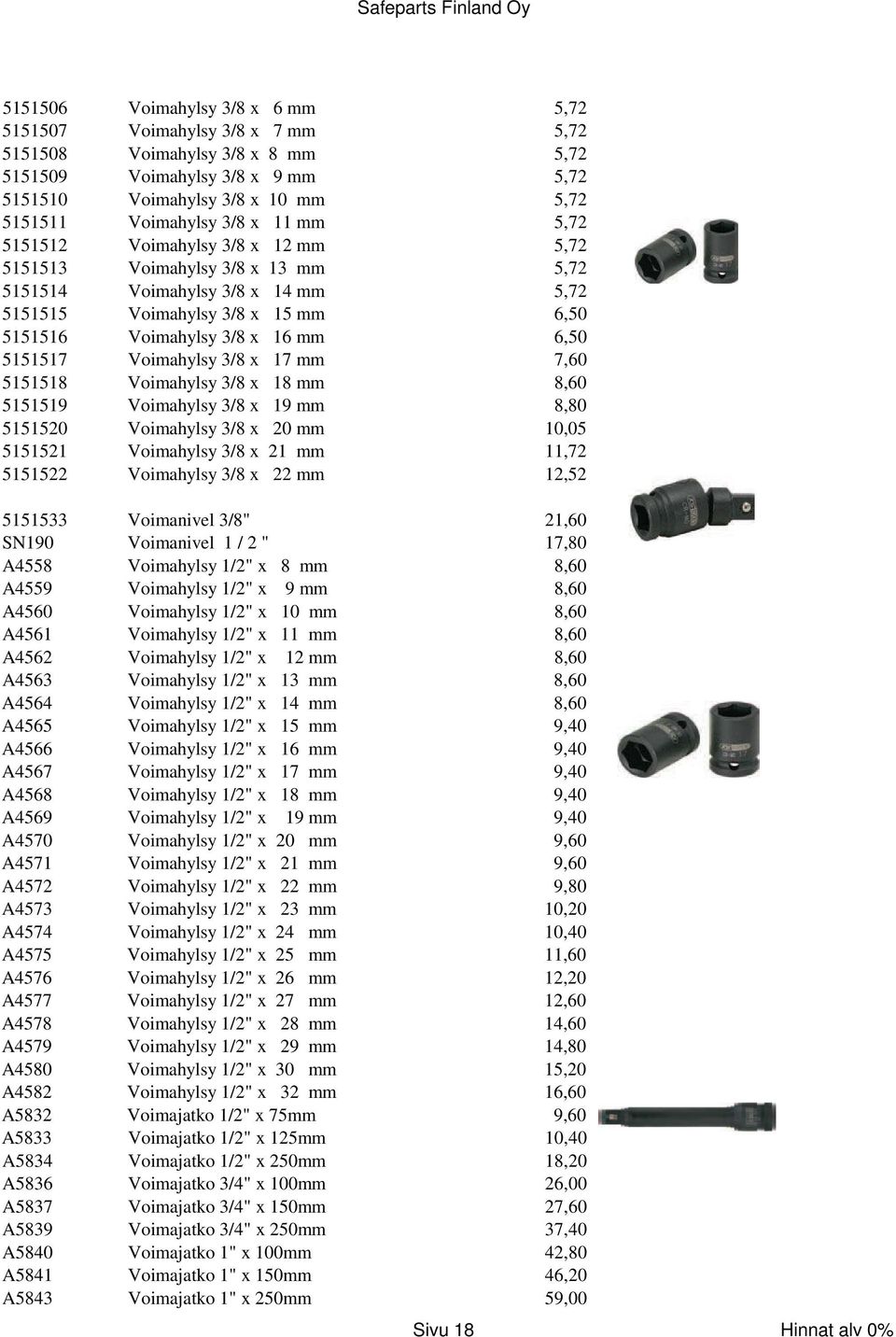 5151517 Voimahylsy 3/8 x 17 mm 7,60 5151518 Voimahylsy 3/8 x 18 mm 8,60 5151519 Voimahylsy 3/8 x 19 mm 8,80 5151520 Voimahylsy 3/8 x 20 mm 10,05 5151521 Voimahylsy 3/8 x 21 mm 11,72 5151522