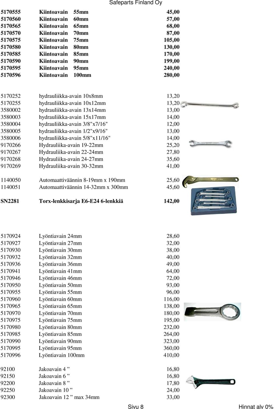 13,20 3580002 hydrauliikka-avain 13x14mm 13,00 3580003 hydrauliikka-avain 15x17mm 14,00 3580004 hydrauliikka-avain 3/8"x7/16" 12,00 3580005 hydrauliikka-avain 1/2"x9/16" 13,00 3580006