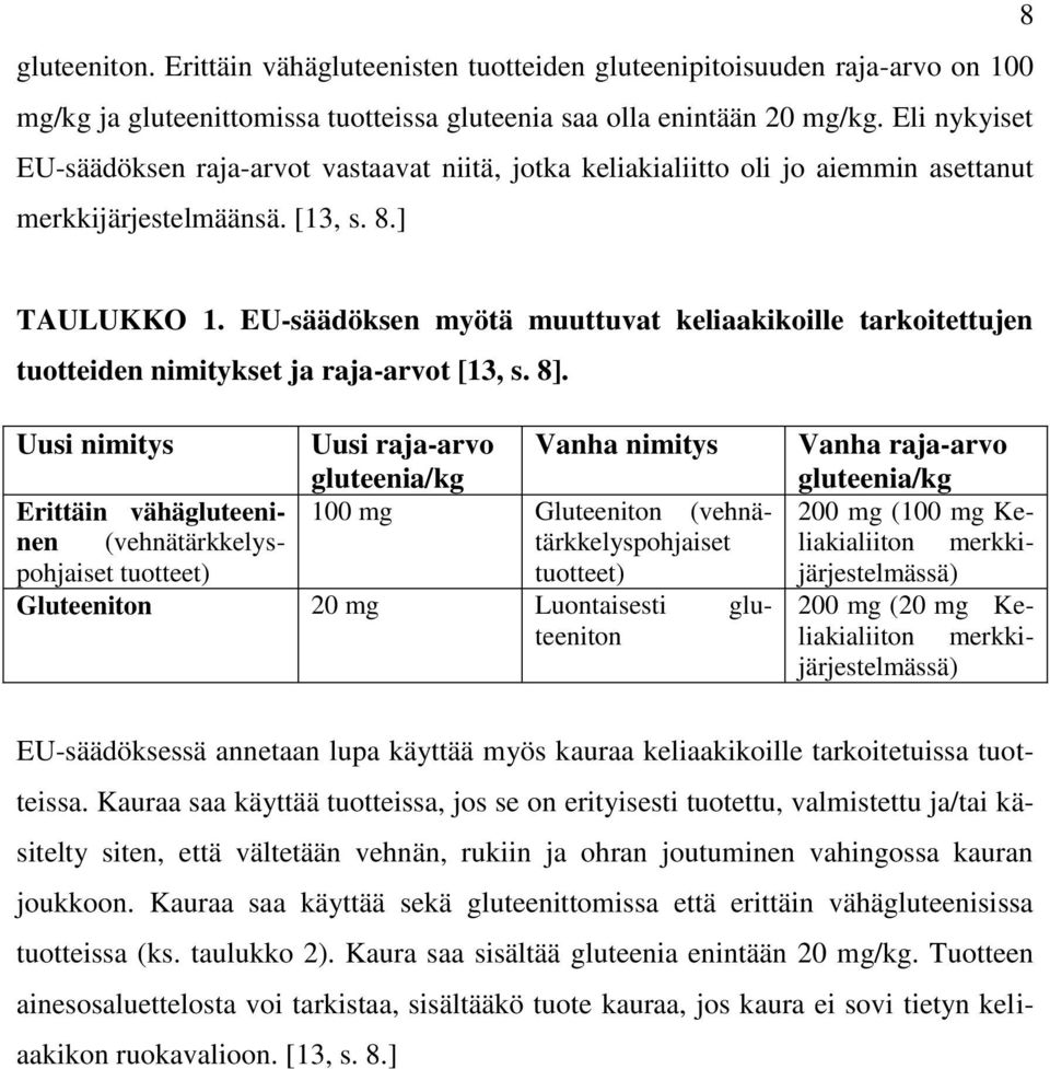 EU-säädöksen myötä muuttuvat keliaakikoille tarkoitettujen tuotteiden nimitykset ja raja-arvot [13, s. 8].