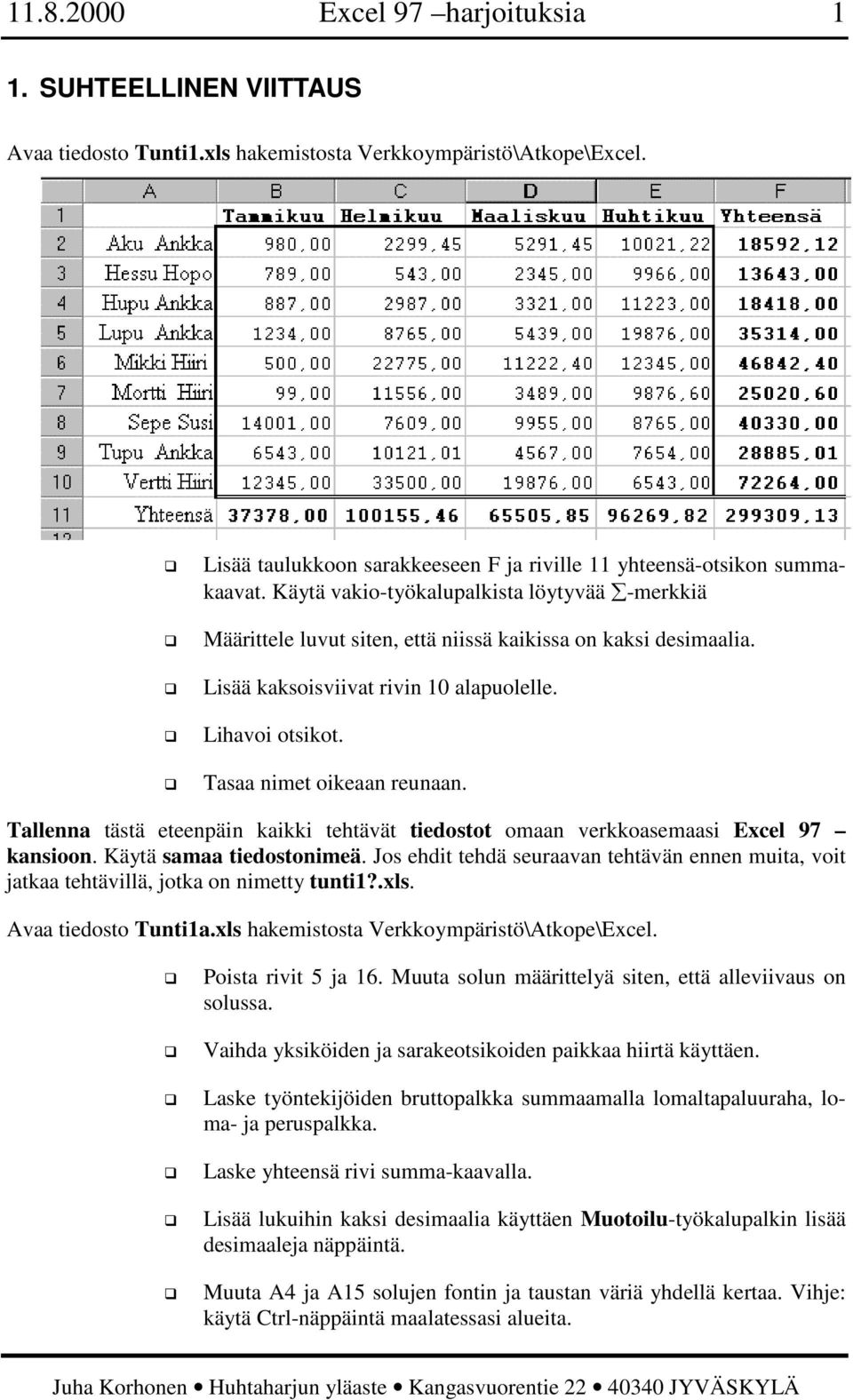 Lisää kaksoisviivat rivin 10 alapuolelle. Lihavoi otsikot. Tasaa nimet oikeaan reunaan. Tallenna tästä eteenpäin kaikki tehtävät tiedostot omaan verkkoasemaasi Excel 97 kansioon.