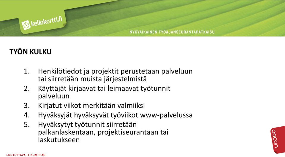 järjestelmistä 2. Käyttäjät kirjaavat tai leimaavat työtunnit palveluun 3.