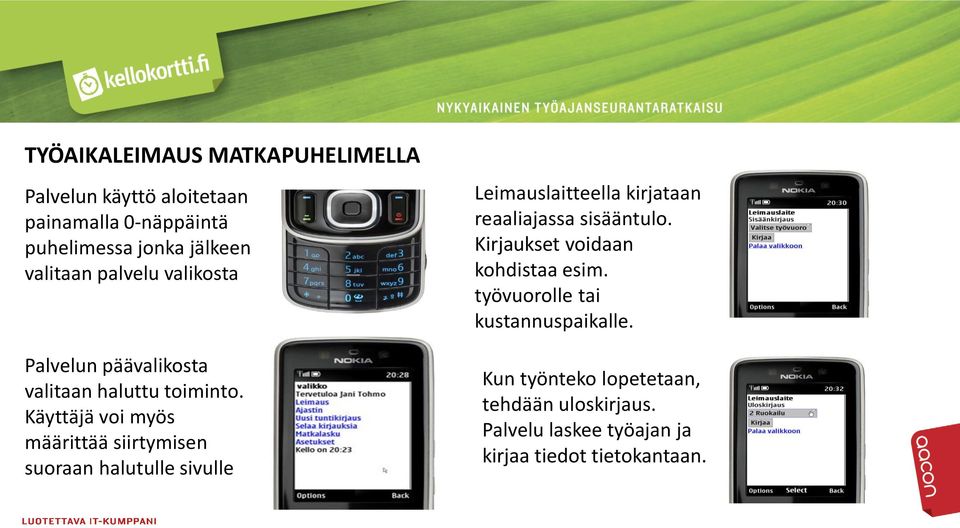 Käyttäjä voi myös määrittää siirtymisen suoraan halutulle sivulle Leimauslaitteella kirjataan reaaliajassa sisääntulo.