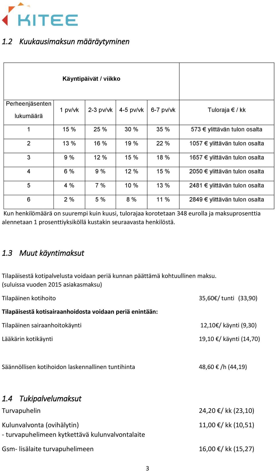 2849 ylittävän tulon osalta Kun henkilömäärä on suurempi kuin kuusi, tulorajaa korotetaan 348 eurolla ja maksuprosenttia alennetaan 1 