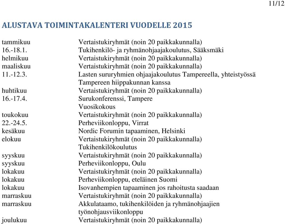 5. Perheviikonloppu, Virrat kesäkuu Nordic Forumin tapaaminen, Helsinki elokuu Tukihenkilökoulutus syyskuu syyskuu Perheviikonloppu, Oulu lokakuu lokakuu