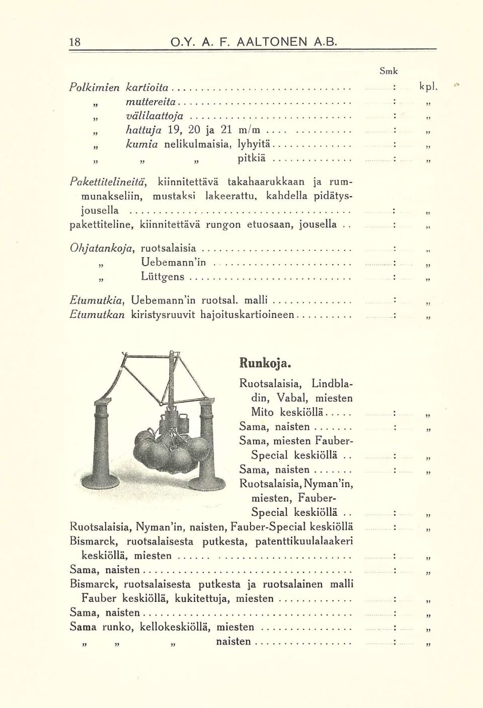 . Ohjatankoja, ruotsalaisia Uebemann in Liittgens Etumutkia, Uebemann in ruotsal. malli Etumatkan kiristysruuvit hajoituskartioineen Runkoja.