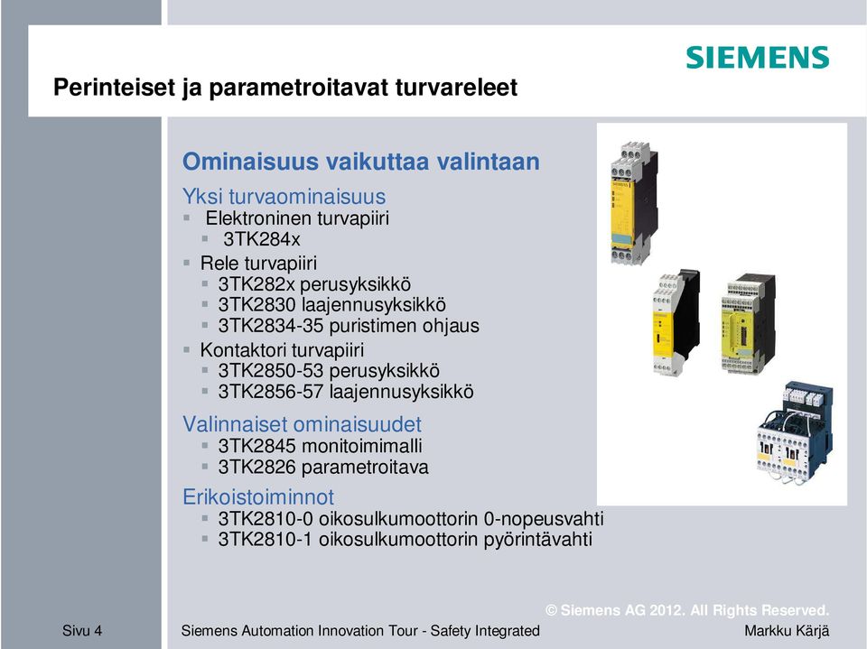 Kontaktori turvapiiri 3TK2850-53 perusyksikkö 3TK2856-57 laajennusyksikkö Valinnaiset ominaisuudet 3TK2845