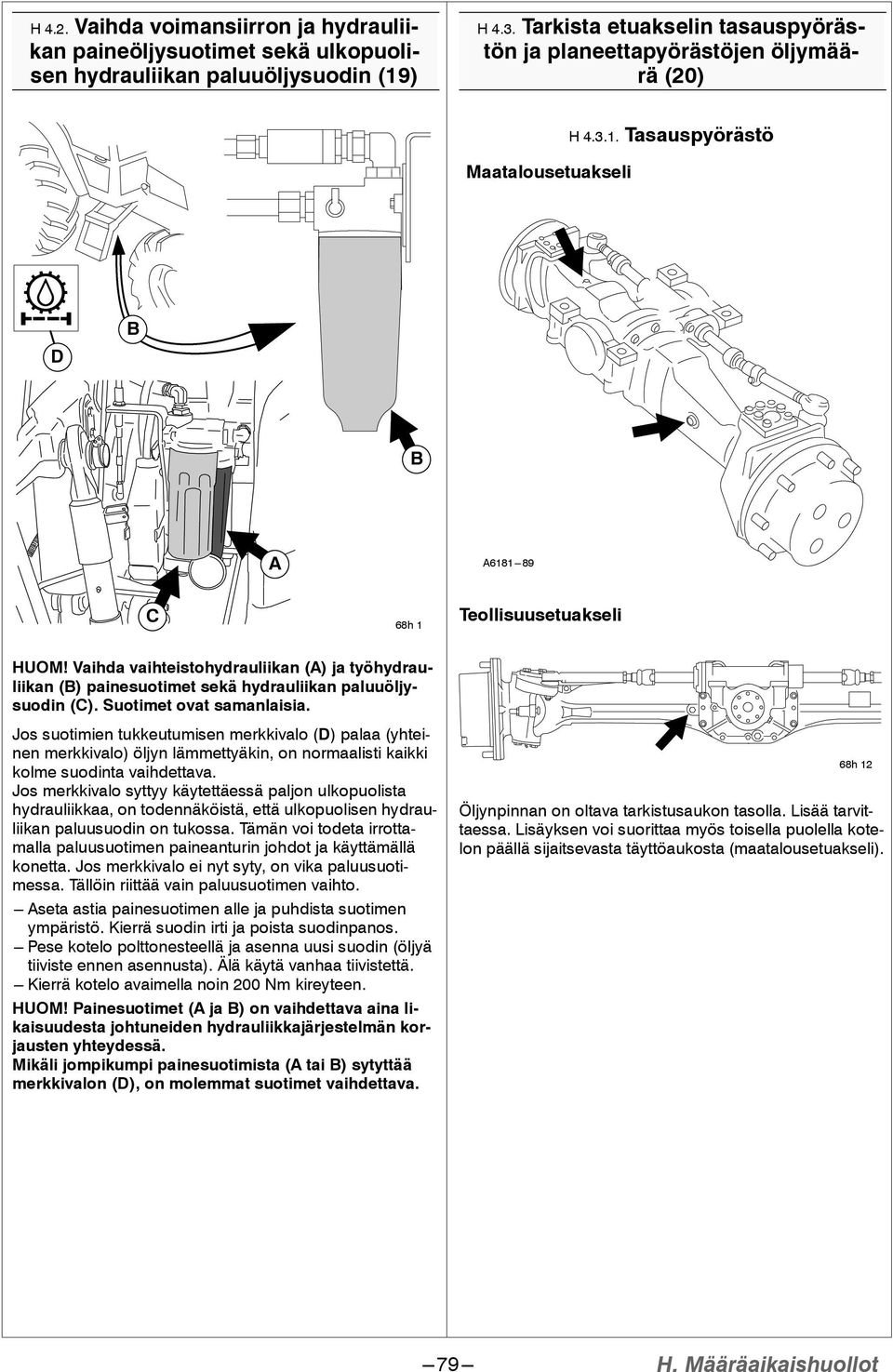 Vaihda vaihteistohydrauliikan (A) ja työhydrauliikan (B) painesuotimet sekä hydrauliikan paluuöljysuodin (C). Suotimet ovat samanlaisia.