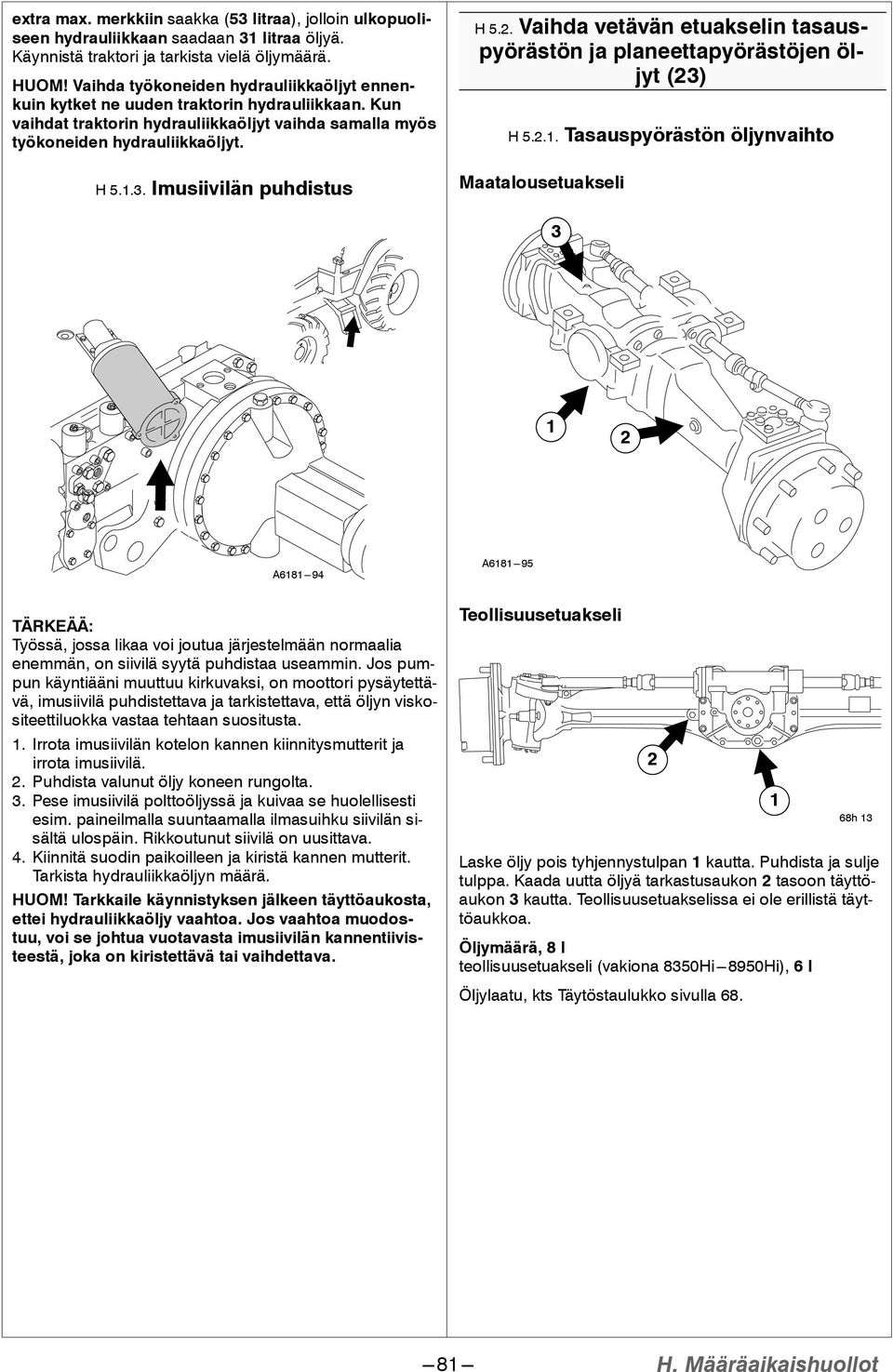 Imusiivilän puhdistus H5..Vaihda vetävän etuakselin tasauspyörästön ja planeettapyörästöjen öljyt (3) H 5.