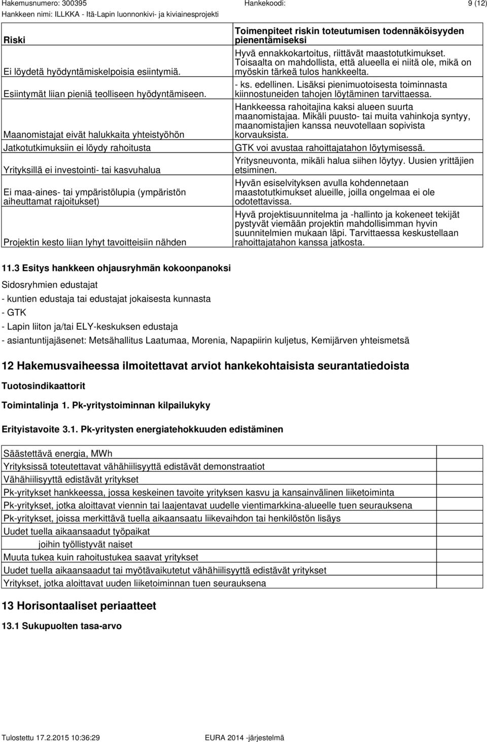 Projektin kesto liian lyhyt tavoitteisiin nähden Toimenpiteet riskin toteutumisen todennäköisyyden pienentämiseksi Hyvä ennakkokartoitus, riittävät maastotutkimukset.