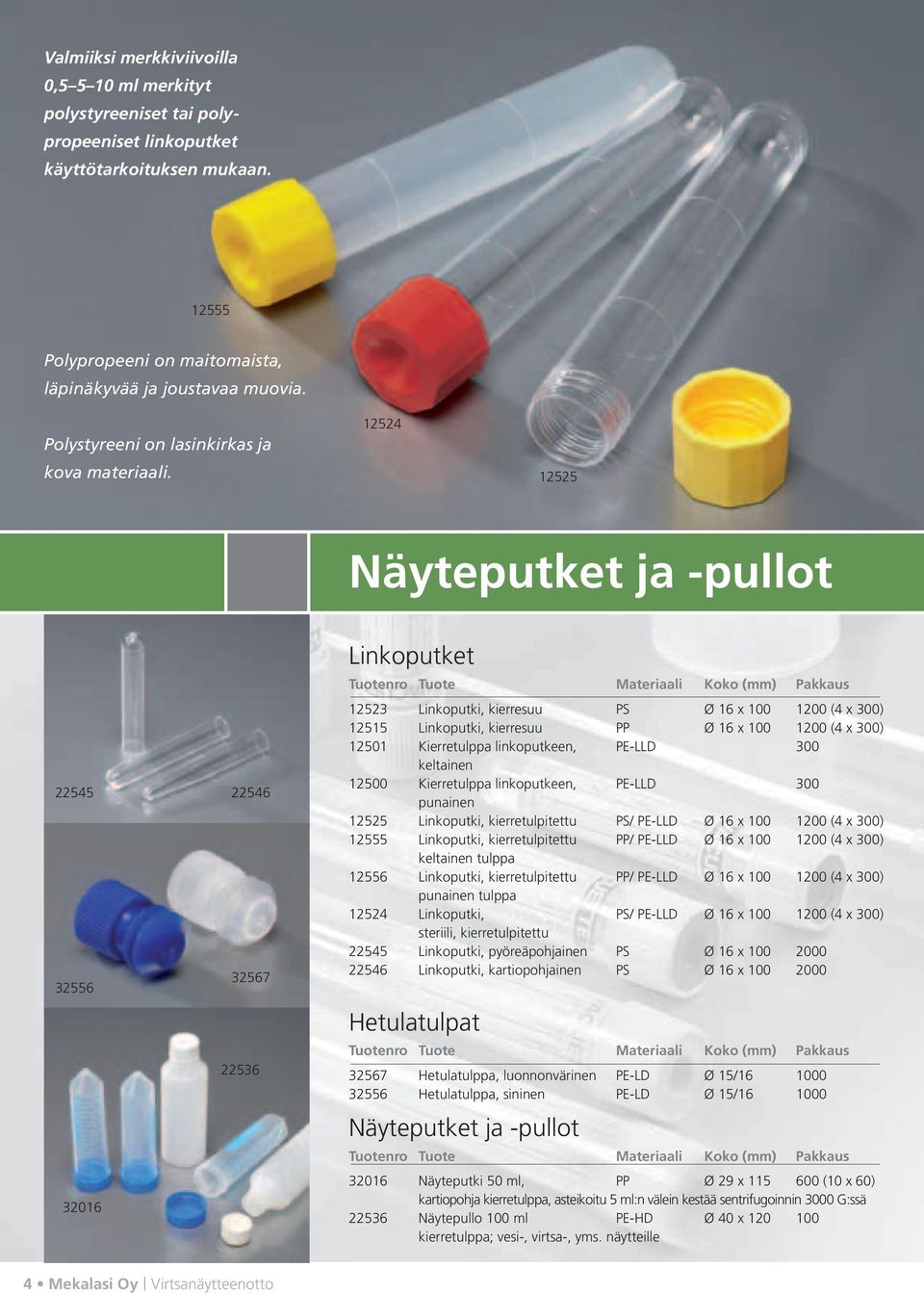 12524 12525 Näyteputket ja -pullot 22545 32556 32016 22546 32567 22536 Linkoputket Tuotenro Tuote Materiaali Koko (mm) Pakkaus 12523 Linkoputki, kierresuu PS Ø 16 x 100 1200 (4 x 300) 12515