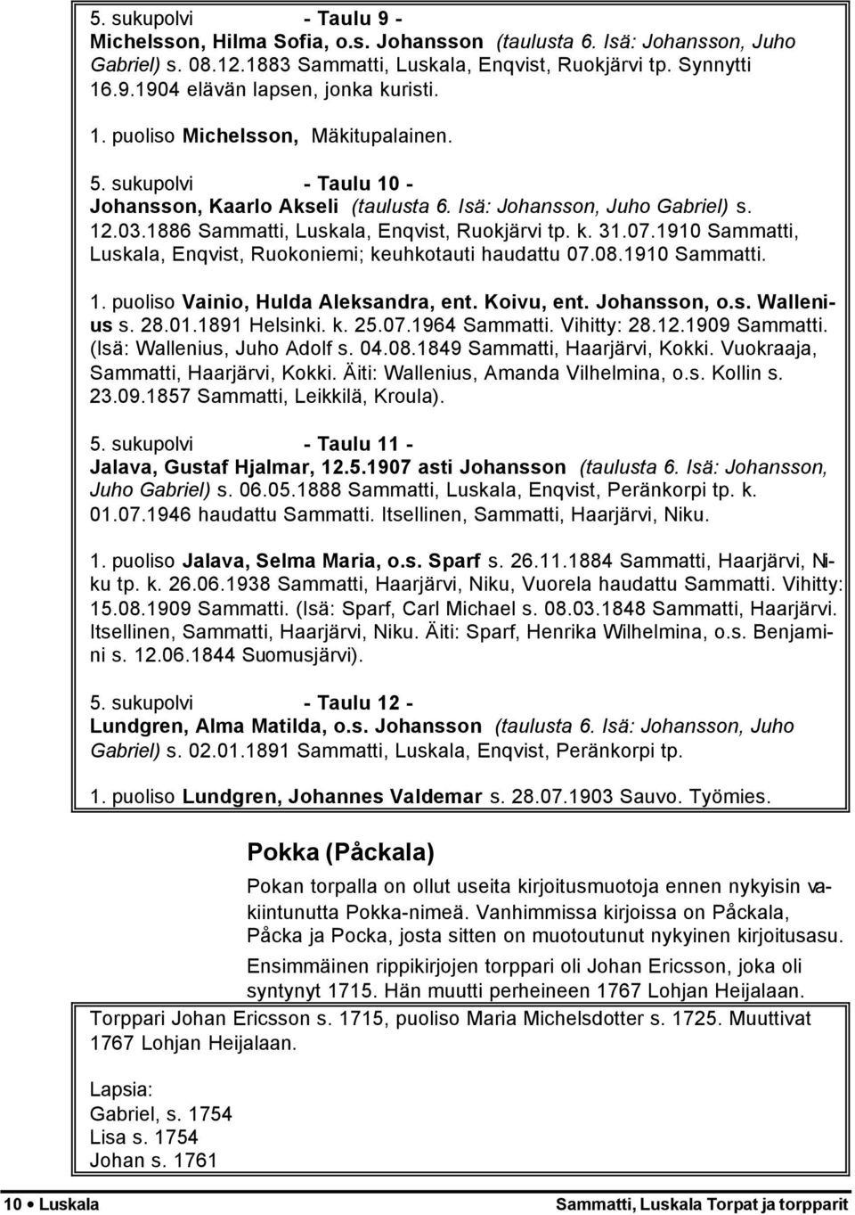 1910 Sammatti, Luskala, Enqvist, Ruokoniemi; keuhkotauti haudattu 07.08.1910 Sammatti. 1. puoliso Vainio, Hulda Aleksandra, ent. Koivu, ent. Johansson, o.s. Wallenius s. 28.01.1891 Helsinki. k. 25.07.1964 Sammatti.