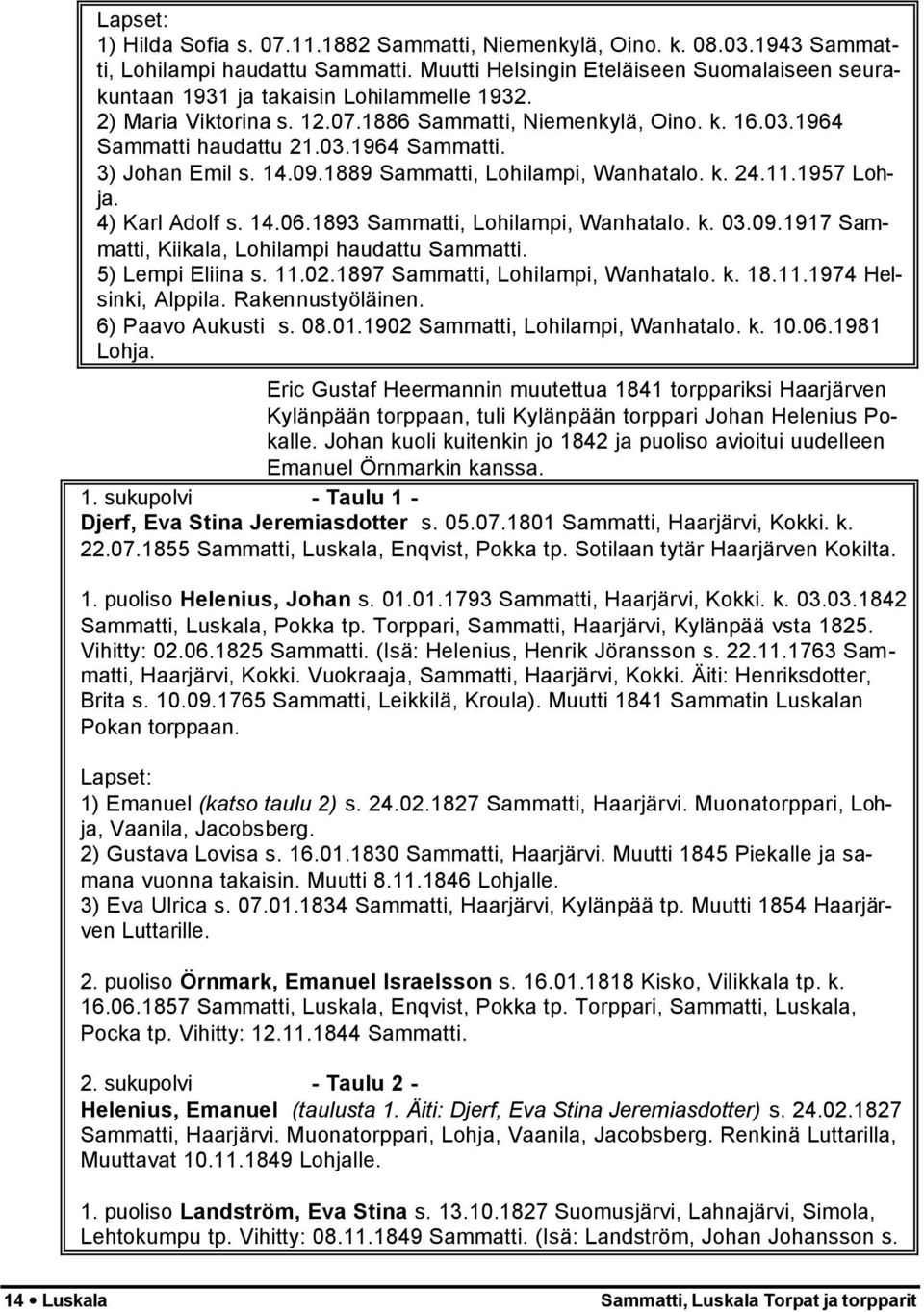 4) Karl Adolf s. 14.06.1893 Sammatti, Lohilampi, Wanhatalo. k. 03.09.1917 Sammatti, Kiikala, Lohilampi haudattu Sammatti. 5) Lempi Eliina s. 11.02.1897 Sammatti, Lohilampi, Wanhatalo. k. 18.11.1974 Helsinki, Alppila.