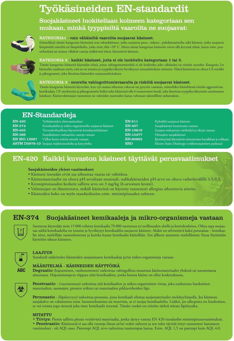 ylitä +50 C. Muita tämän kategorian käsineitä voivat olla kevyissä töissä, kuten esim. puutarhatöissä tai muissa vähäisiä vaaroja sisältävissä töissä, käytettävät käsineet.