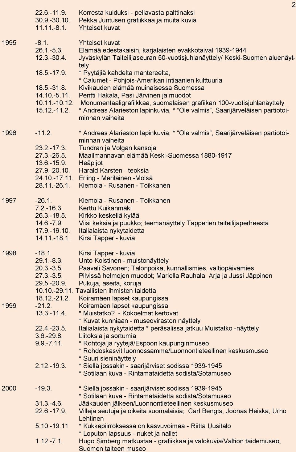 10.-5.11. Pentti Hakala, Pasi Järvinen ja muodot 10.11.-10.12. Monumentaaligrafiikkaa, suomalaisen grafiikan 100-vuotisjuhlanäyttely 15.12.-11.2. * Andreas Alarieston lapinkuvia, * Ole valmis, Saarijärveläisen partiotoiminnan vaiheita 1996-11.