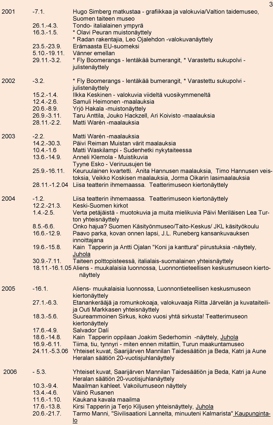 2. * Fly Boomerangs - lentäkää bumerangit, * Varastettu sukupolvi - julistenäyttely 15.2.-1.4. Ilkka Keskinen - valokuvia viideltä vuosikymmeneltä 12.4.-2.6. Samuli Heimonen -maalauksia 20.6.-8.9.