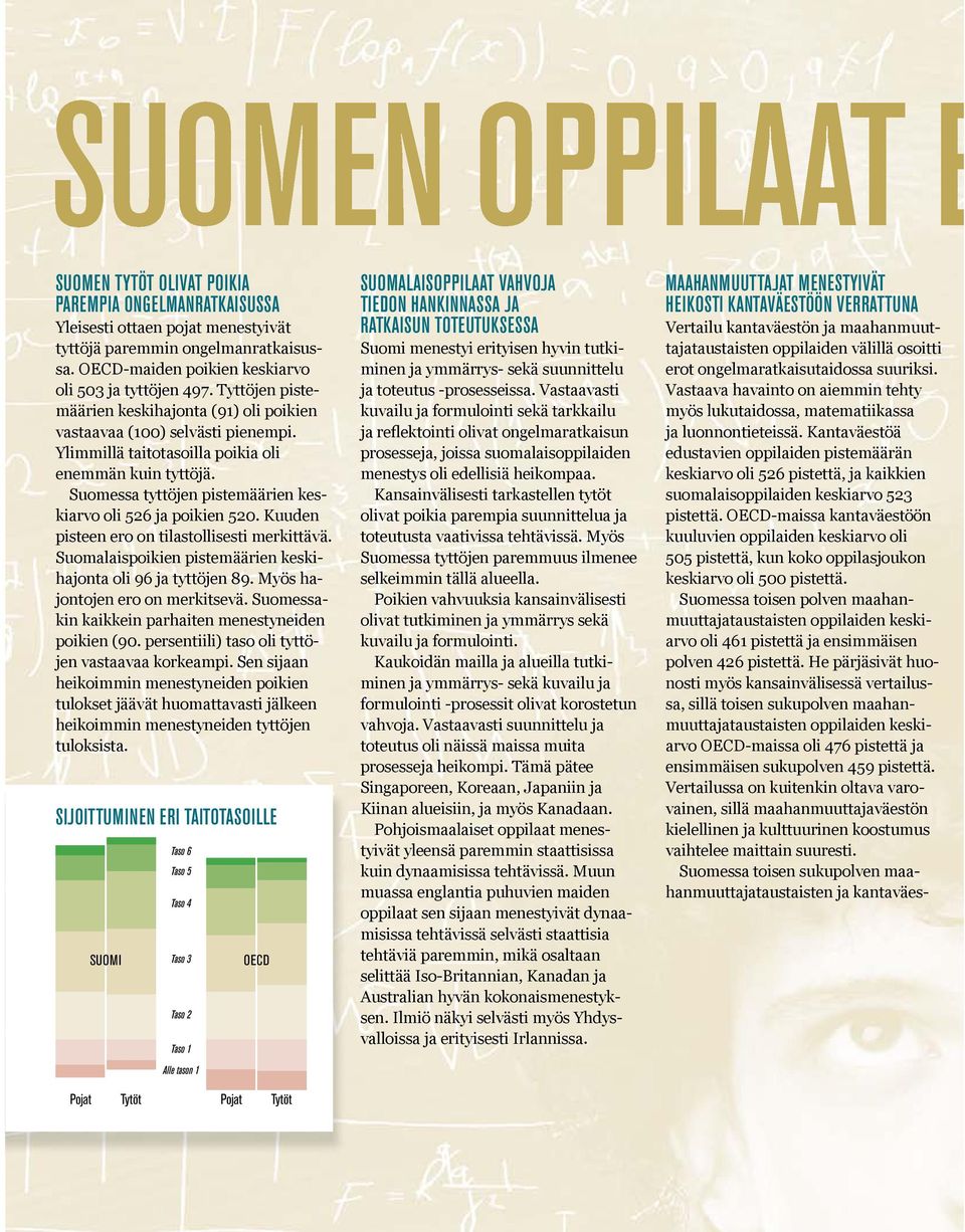 Suomessa tyttöjen pistemäärien keskiarvo oli 526 ja poikien 520. Kuuden pisteen ero on tilastollisesti merkittävä. Suomalaispoikien pistemäärien keskihajonta oli 96 ja tyttöjen 89.