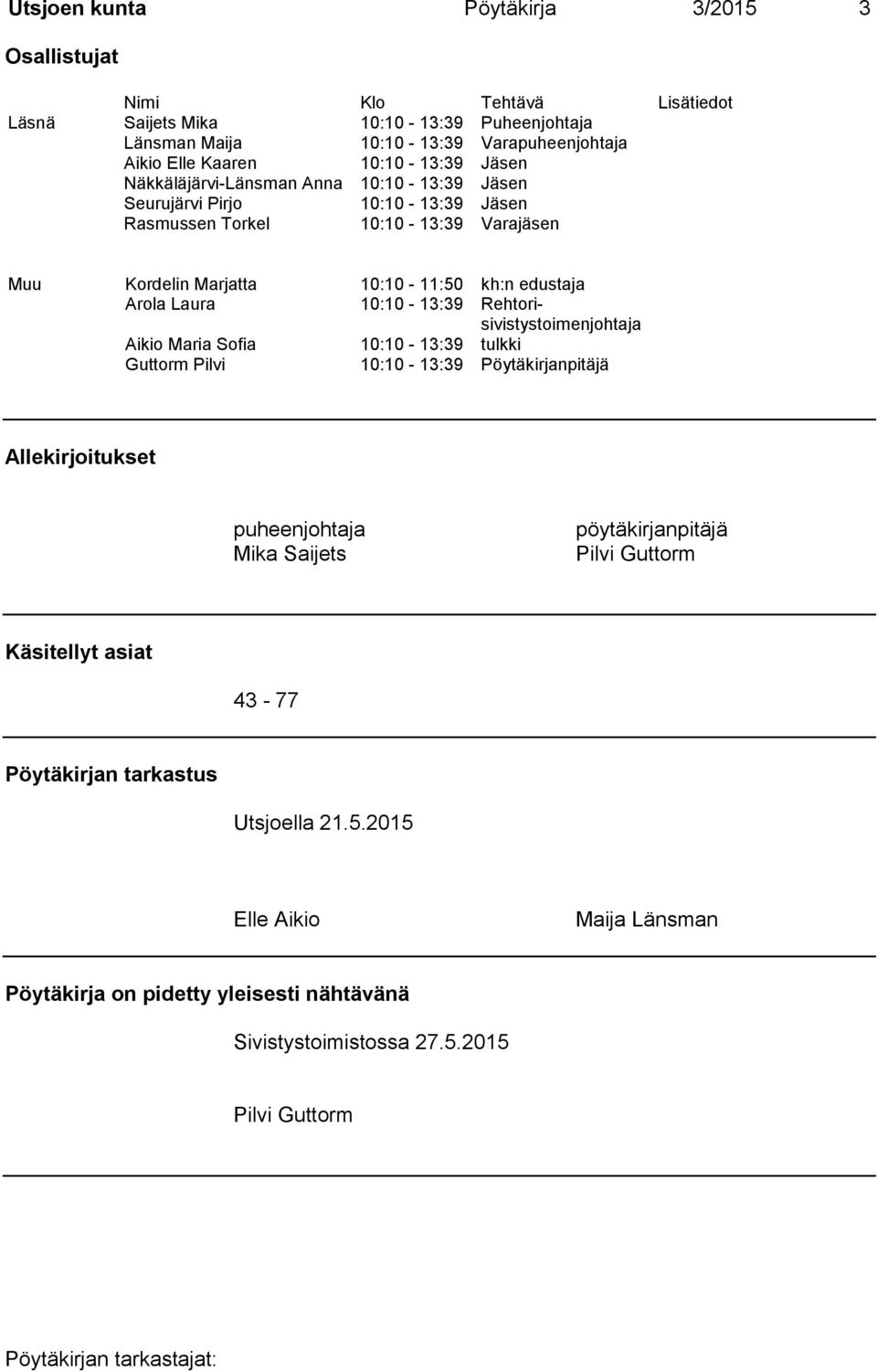 Arola Laura 10:10-13:39 Rehtorisivistystoimenjohtaja Aikio Maria Sofia 10:10-13:39 tulkki Guttorm Pilvi 10:10-13:39 Pöytäkirjanpitäjä Allekirjoitukset puheenjohtaja Mika Saijets