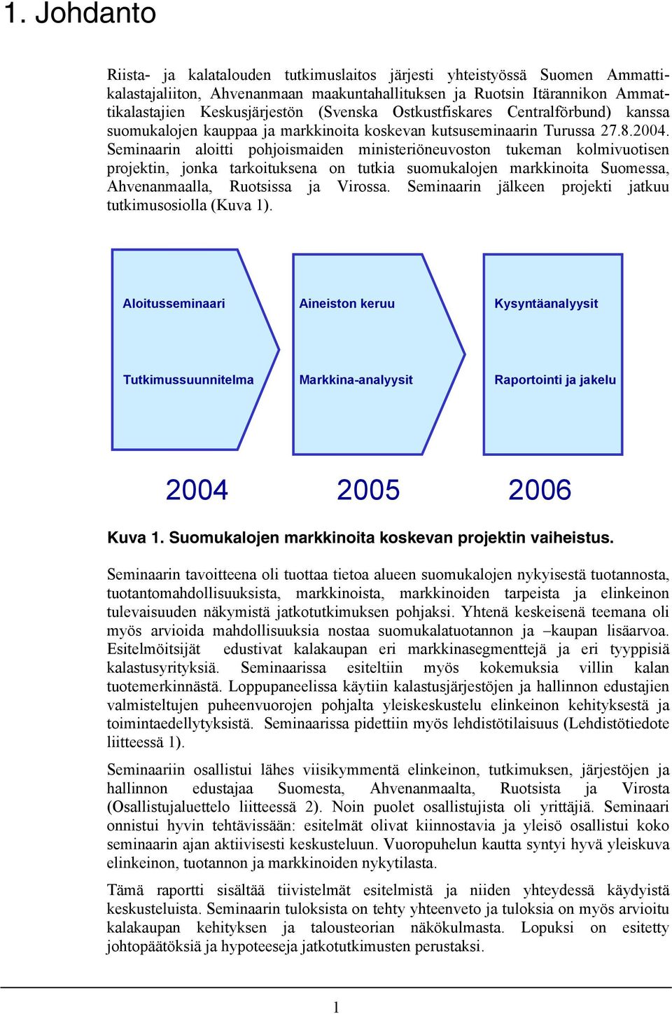 Seminaarin aloitti pohjoismaiden ministeriöneuvoston tukeman kolmivuotisen projektin, jonka tarkoituksena on tutkia suomukalojen markkinoita Suomessa, Ahvenanmaalla, Ruotsissa ja Virossa.