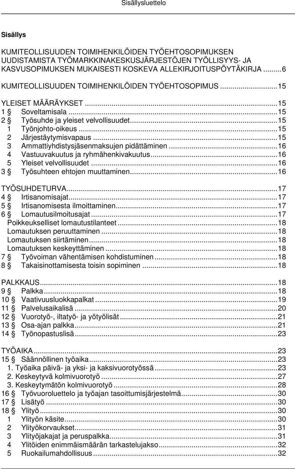 .. 15 3 Ammattiyhdistysjäsenmaksujen pidättäminen... 16 4 Vastuuvakuutus ja ryhmähenkivakuutus... 16 5 Yleiset velvollisuudet... 16 3 Työsuhteen ehtojen muuttaminen... 16 TYÖSUHDETURVA.