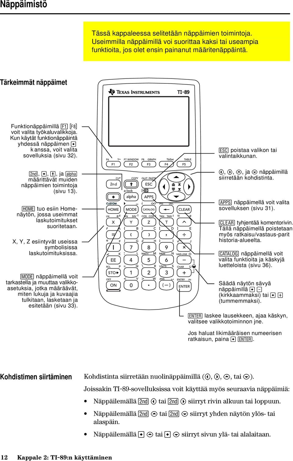 2,,, ja j määrittävät muiden näppäimien toimintoja (sivu 13). " tuo esiin Homenäytön, jossa useimmat laskutoimitukset suoritetaan. X, Y, Z esiintyvät useissa symbolisissa laskutoimituksissa.