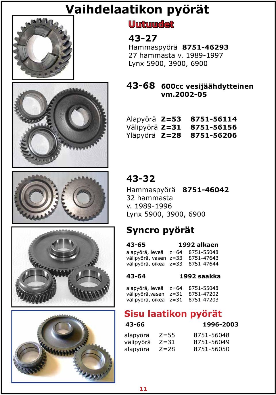 1989-1996 Lynx 5900, 3900, 6900 Syncro pyörät 43-65 1992 alkaen alapyörä, leveä z=64 8751-55048 välipyörä, vasen z=33 8751-47643 välipyörä, oikea z=33 8751-47644