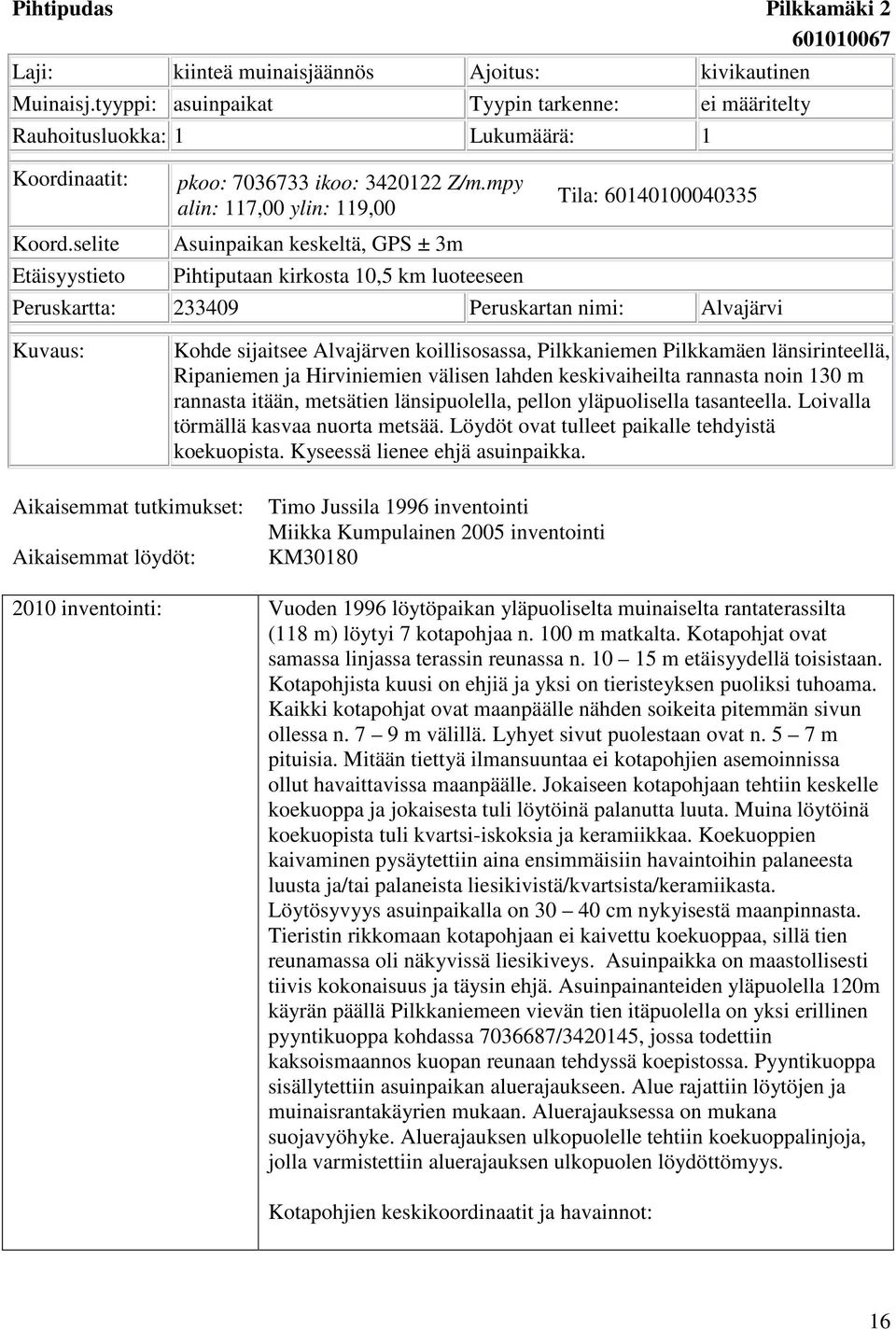 mpy alin: 117,00 ylin: 119,00 Asuinpaikan keskeltä, GPS ± 3m Pihtiputaan kirkosta 10,5 km luoteeseen Tila: 60140100040335 Peruskartta: 233409 Peruskartan nimi: Alvajärvi Kuvaus: Kohde sijaitsee