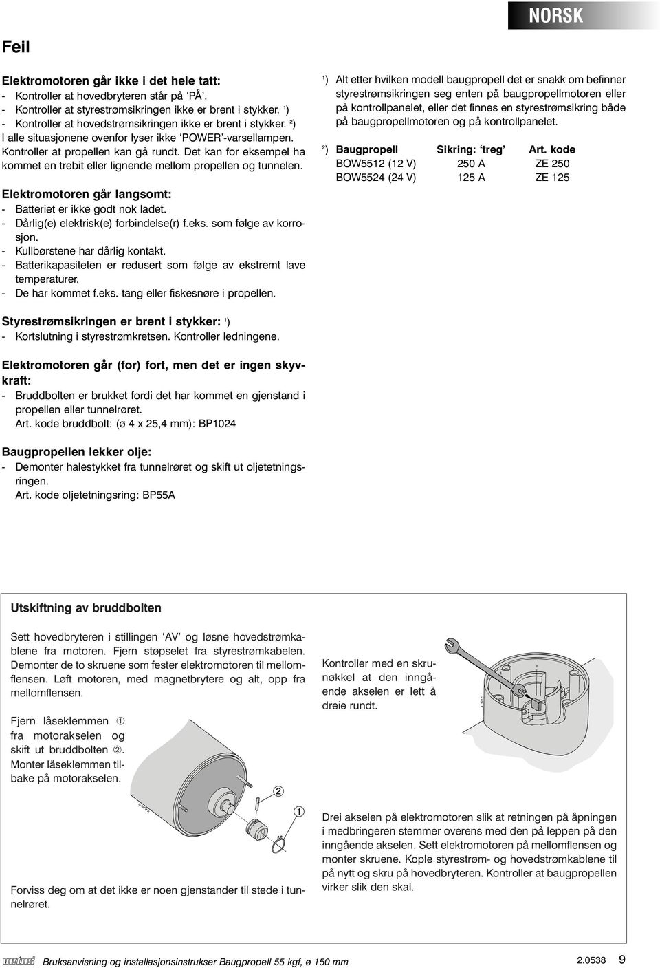 Det kan for eksempel ha kommet en trebit eller lignende mellom propellen og tunnelen. Elektromotoren går langsomt: - Batteriet er ikke godt nok ladet. - Dårlig(e) elektrisk(e) forbindelse(r) f.eks. som følge av korrosjon.