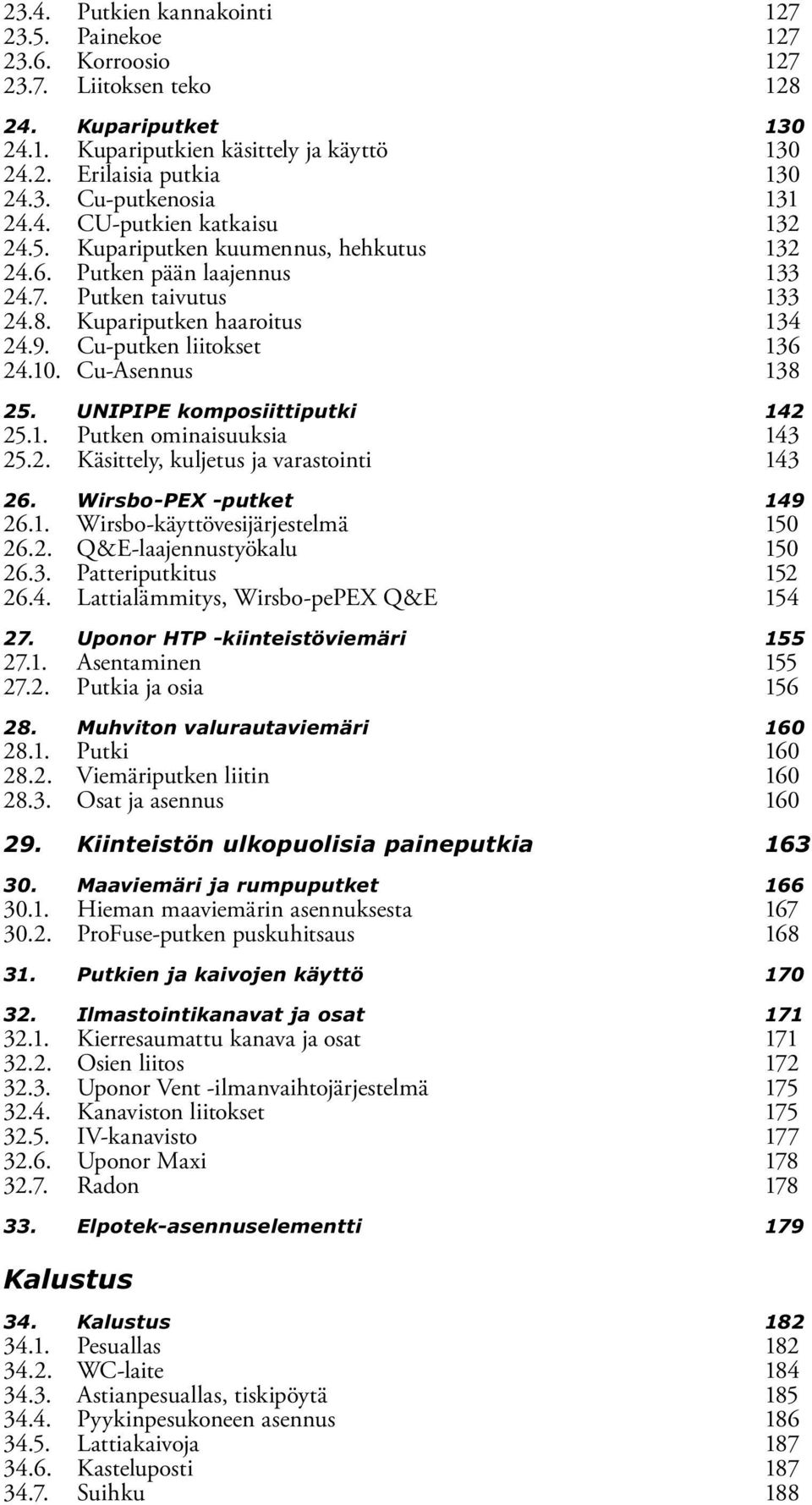 Cu-Asennus 138 25. UNIPIPE komposiittiputki 142 25.1. Putken ominaisuuksia 143 25.2. Käsittely, kuljetus ja varastointi 143 26. Wirsbo-PEX -putket 149 26.1. Wirsbo-käyttövesijärjestelmä 150 26.2. Q&E-laajennustyökalu 150 26.