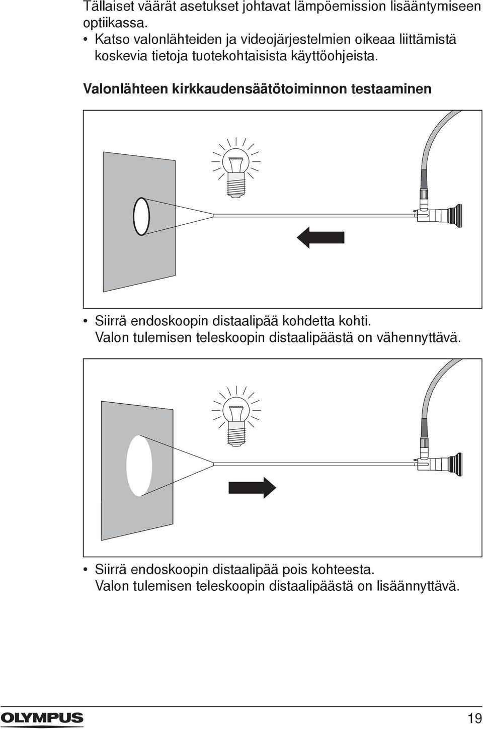 Valonlähteen kirkkaudensäätötoiminnon testaaminen Siirrä endoskoopin distaalipää kohdetta kohti.