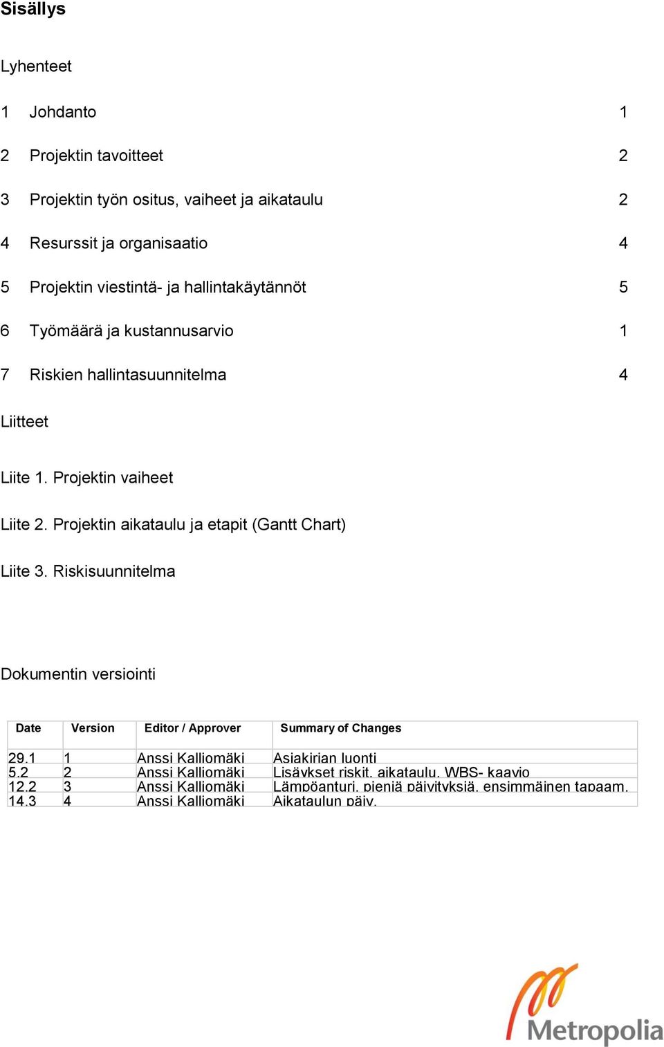Projektin aikataulu ja etapit (Gantt Chart) Liite 3. Riskisuunnitelma Dokumentin versiointi Date Version Editor / Approver Summary of Changes 29.