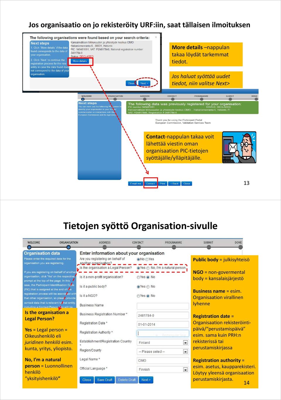 13 Tietojen syöttö Organisation sivulle Public body = julkisyhteisö NGO = non govermental body = kansalaisjärjestö Is the organisation a Legal Person? Yes = Legal person =.